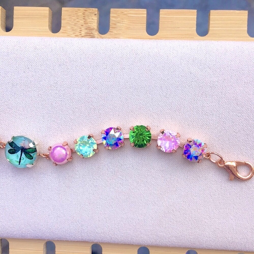 Pink Opal Aurora Borealis + Peridot Dragonfly Charm Crystal Tennis Bracelet - Picture 12 of 16